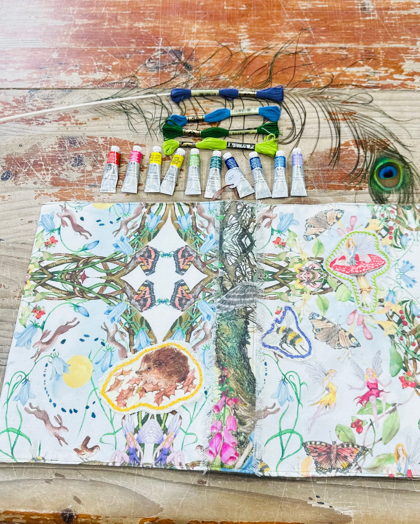 Honeysuckle and Hare with Bee Fabric A4 Hand Embroidered Dust Jacket