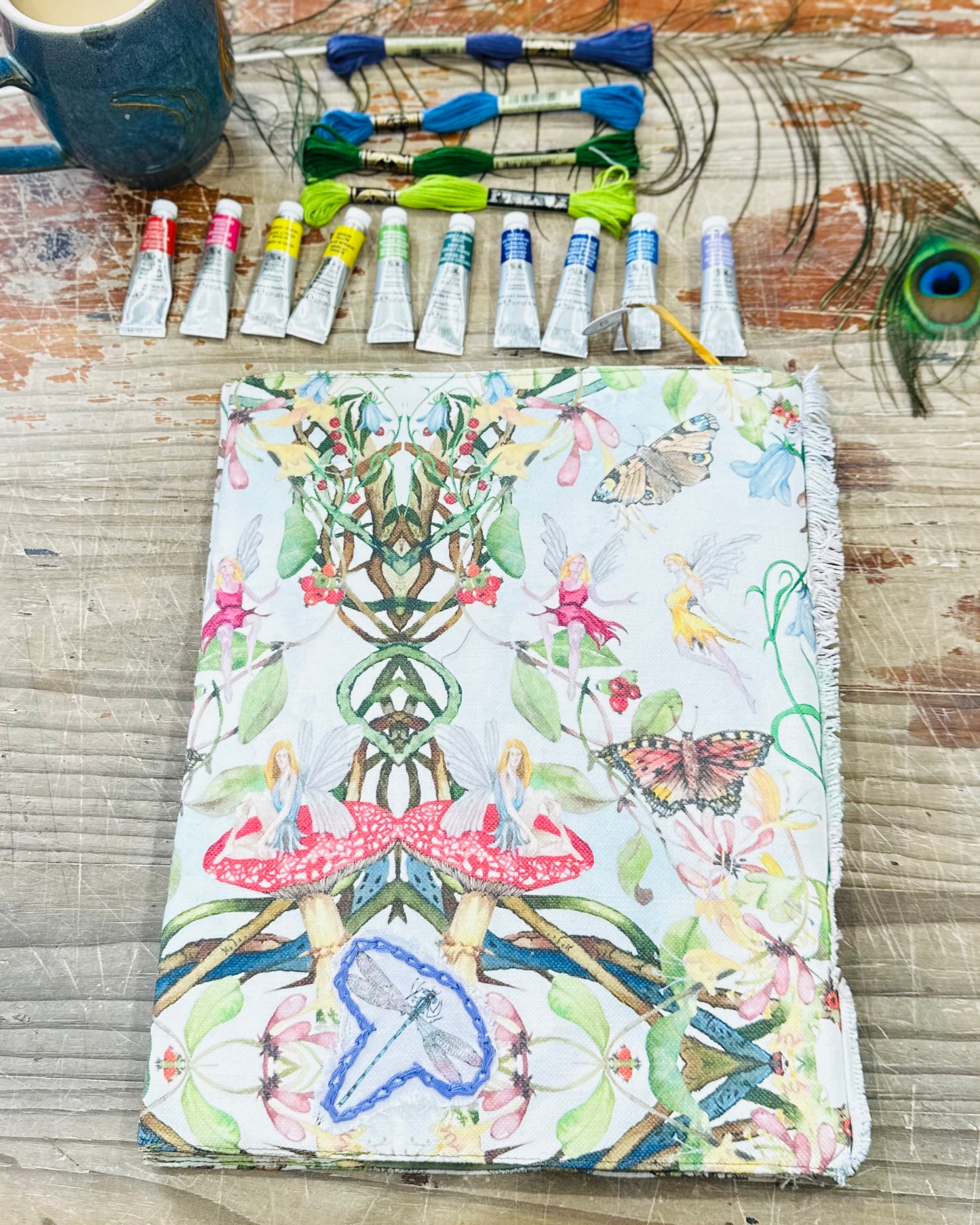 Honeysuckle and Hare with Eagle Fabric A4 Hand Embroidered Dust Jacket