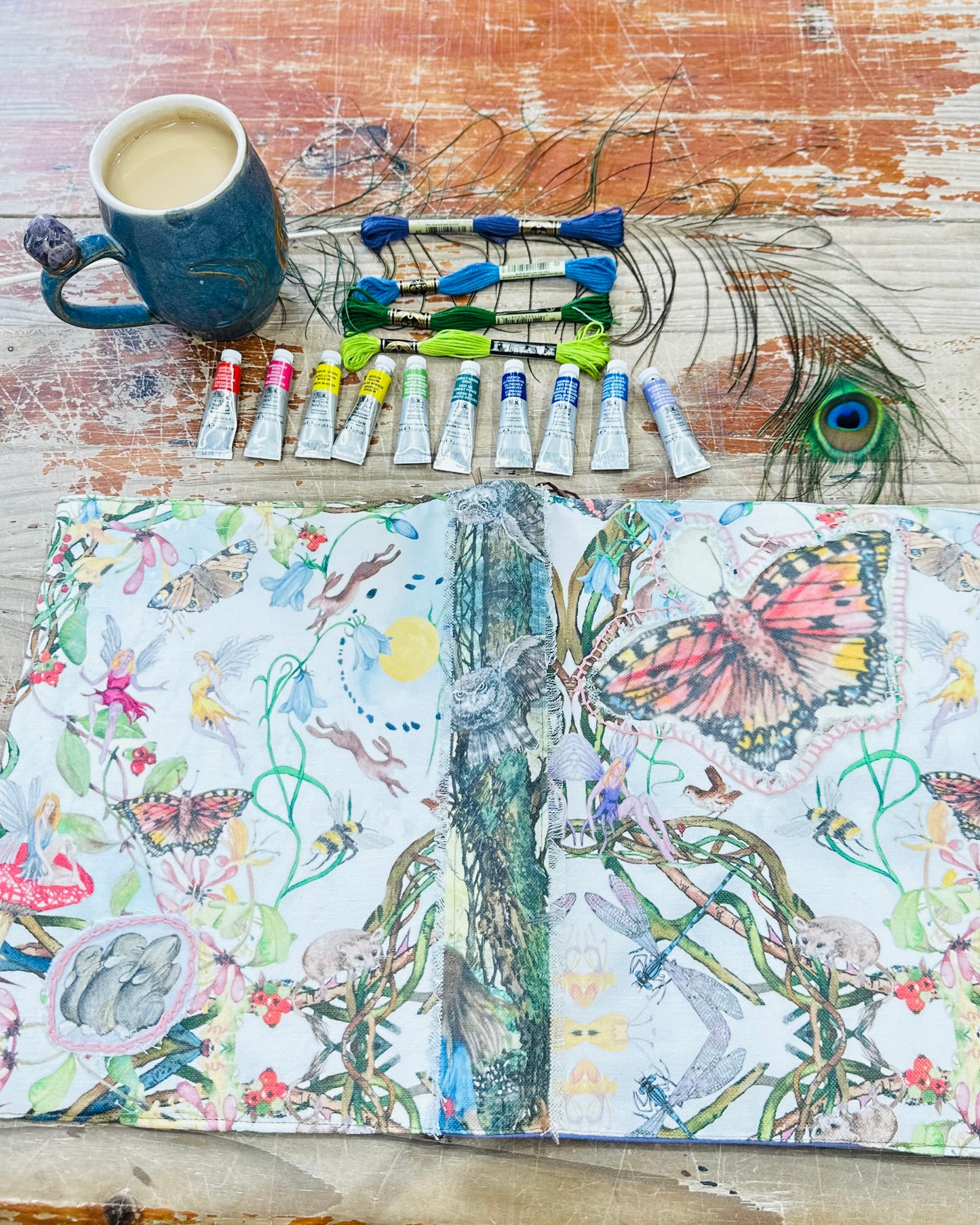 Honeysuckle and Hare with Butterfly Fabric A4 Hand Embroidered Dust Jacket