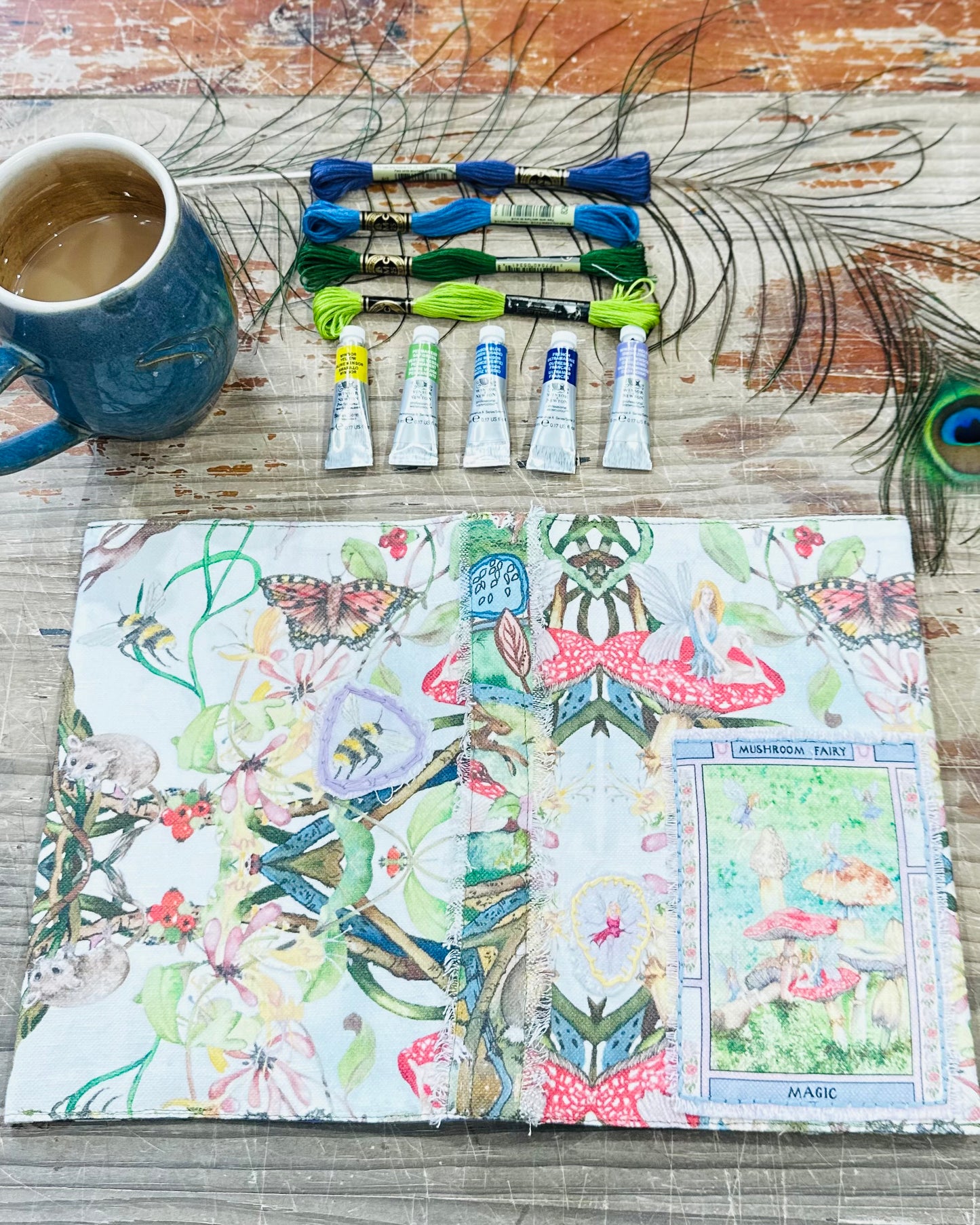 Whispers Oracle with Mushie Fairy card Fabric A5 Hand Embroidered Dust Jacket