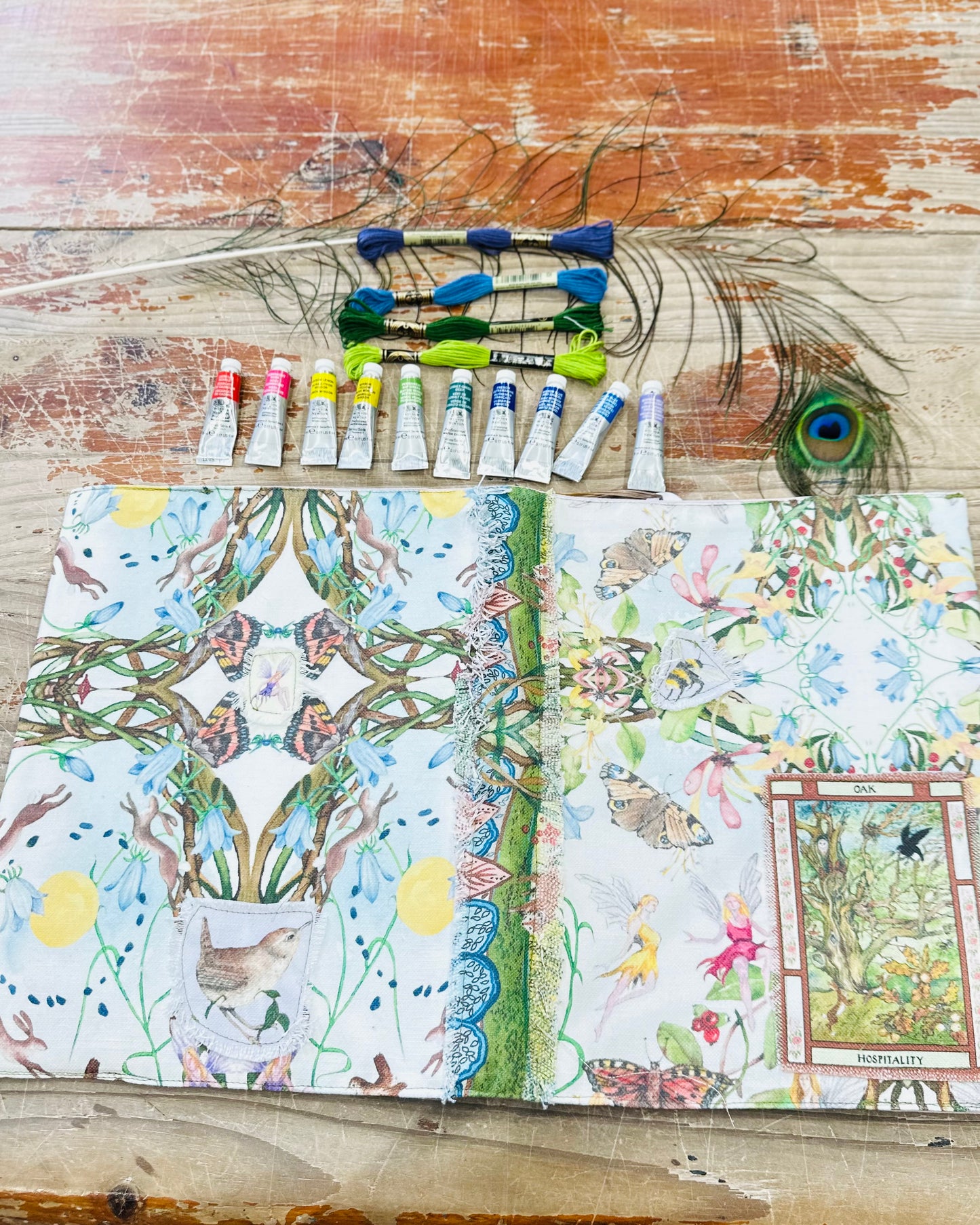 Honeysuckle and Hare with Oak Hospitality Card Fabric A4 Dust Jacket