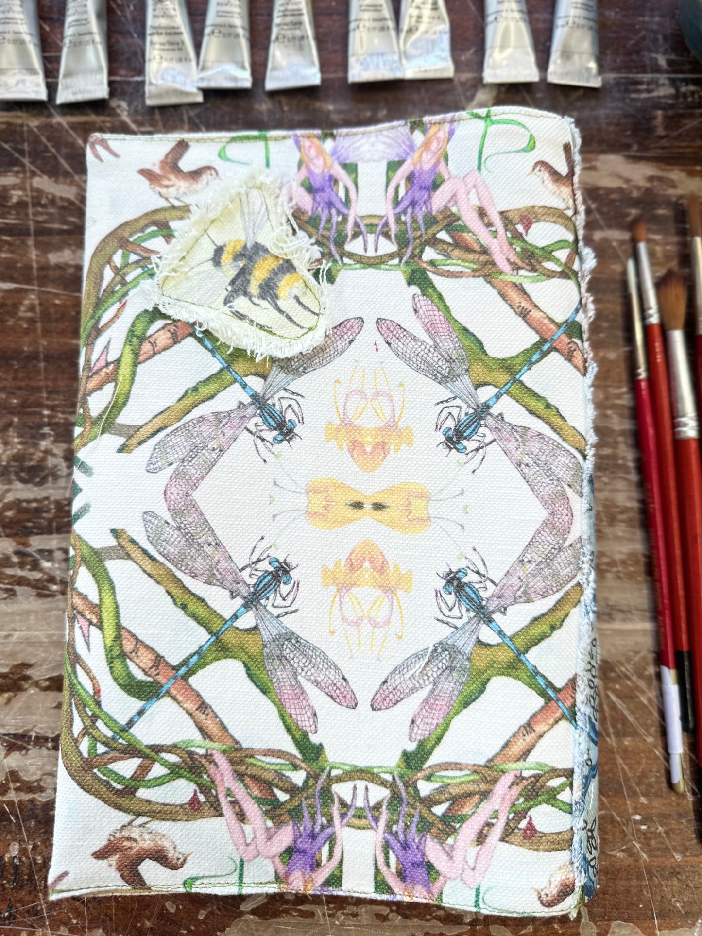 Honeysuckle and Hare with Squirrel Fabric A5 Hand Embroidered Dust Jacket