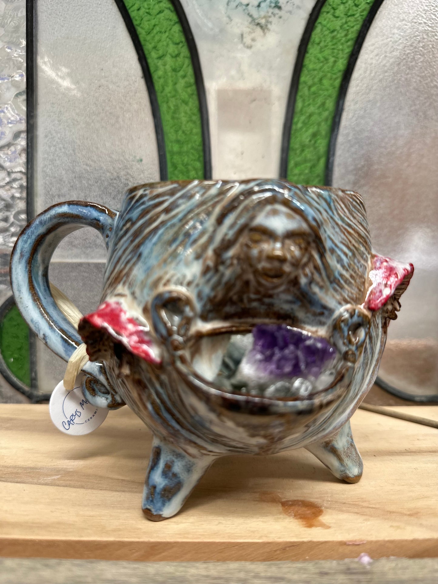 Cauldron Crystal Cup – Goddess & Toadstools with Amethyst Cluster