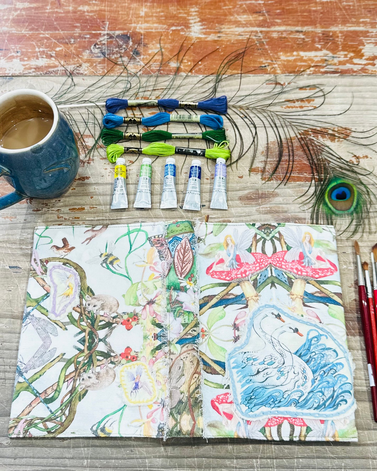 Honeysuckle and Hare with Swan Fabric A5 Hand Embroidered Dust Jacket