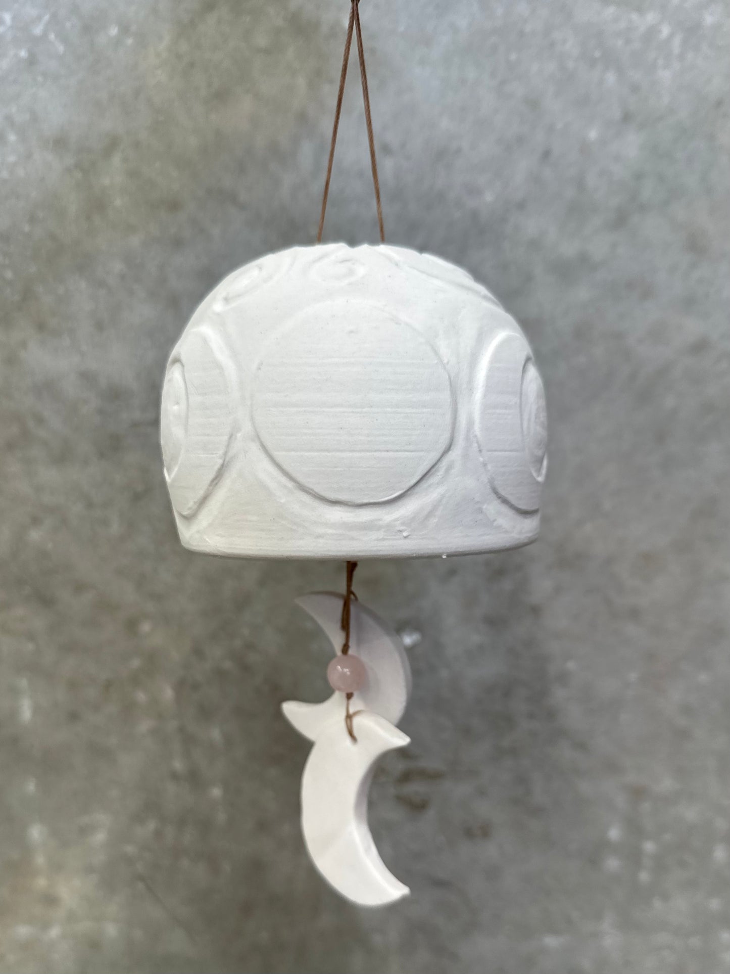 Triple Moon Porcelain Bell – rose quartz – handmade lunar chime