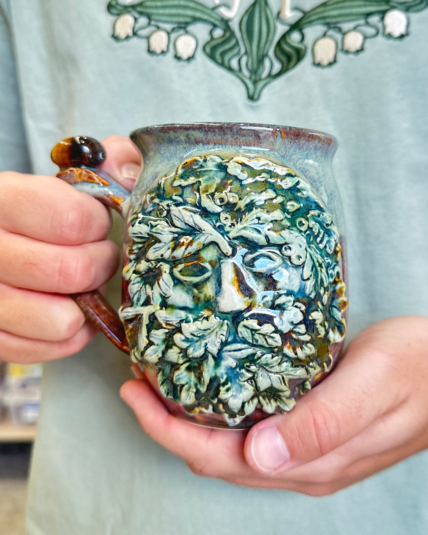 Green Man Tigers Eye Crystal Mug