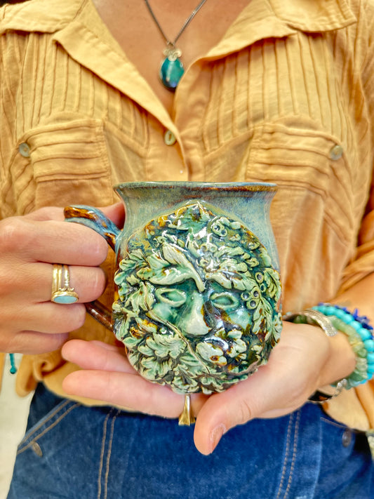 Green Man Tigers Eye Crystal Mug