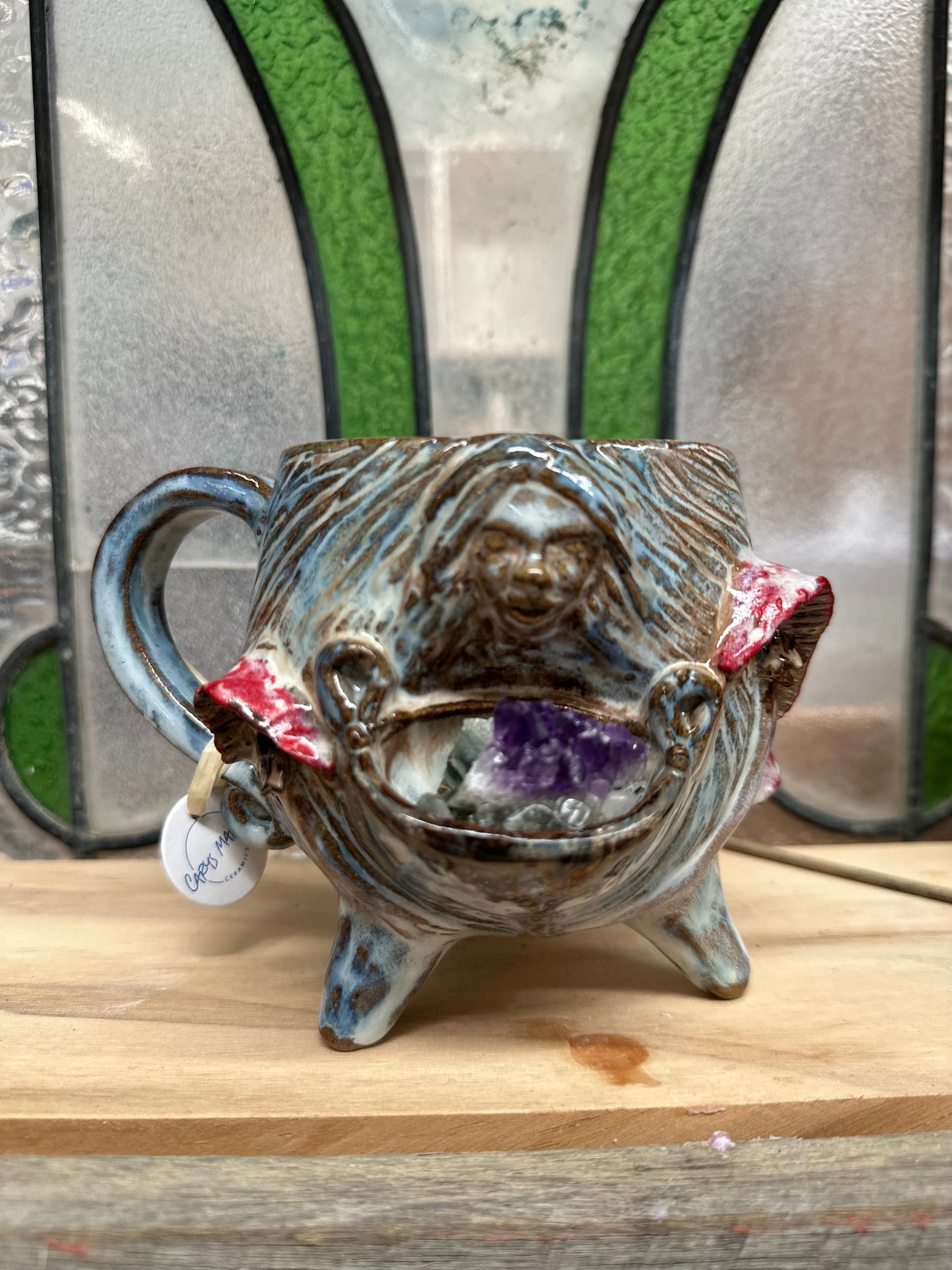Cauldron Crystal Cup – Goddess & Toadstools with Amethyst Cluster