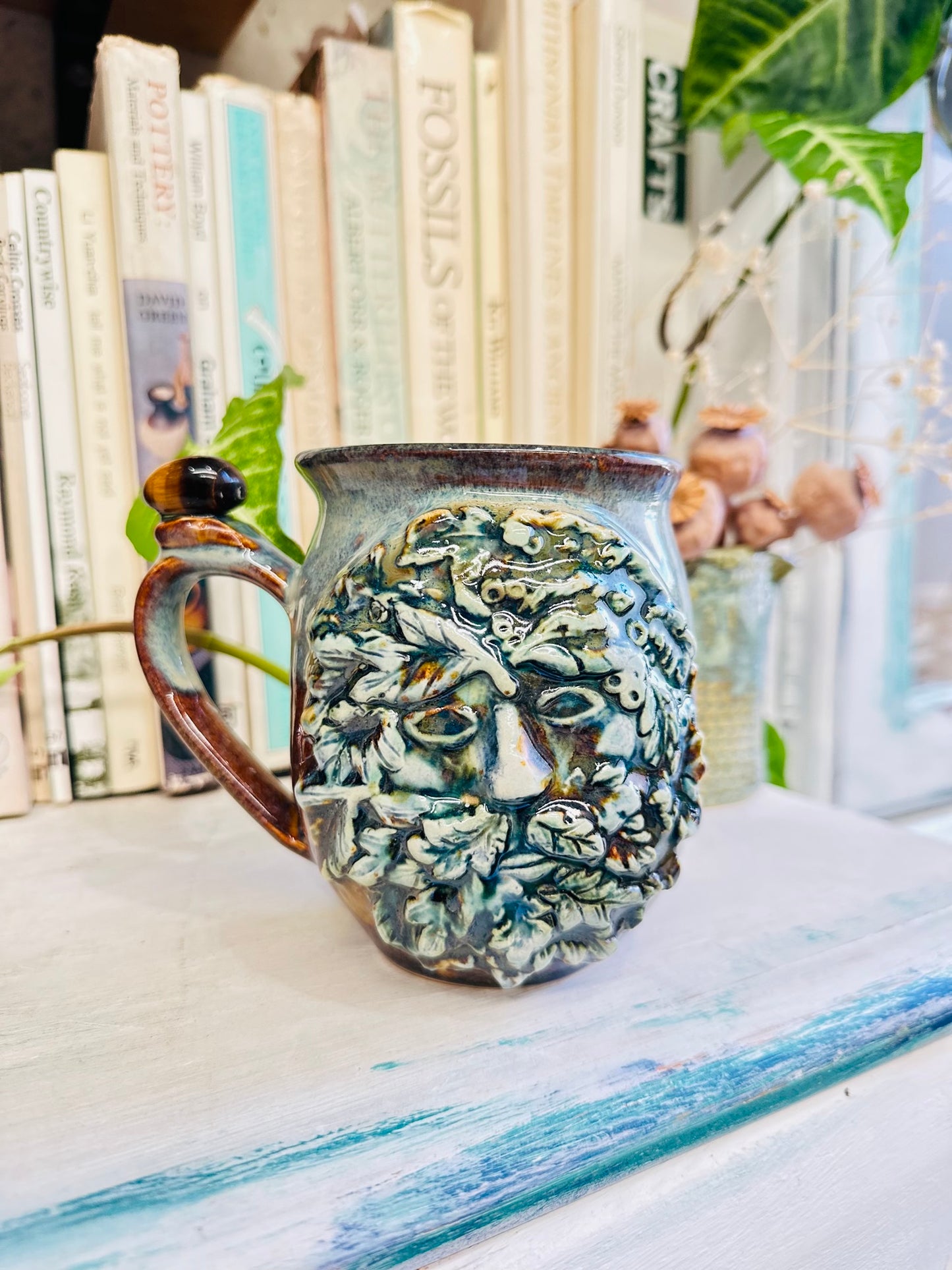 Green Man Tigers Eye Crystal Mug