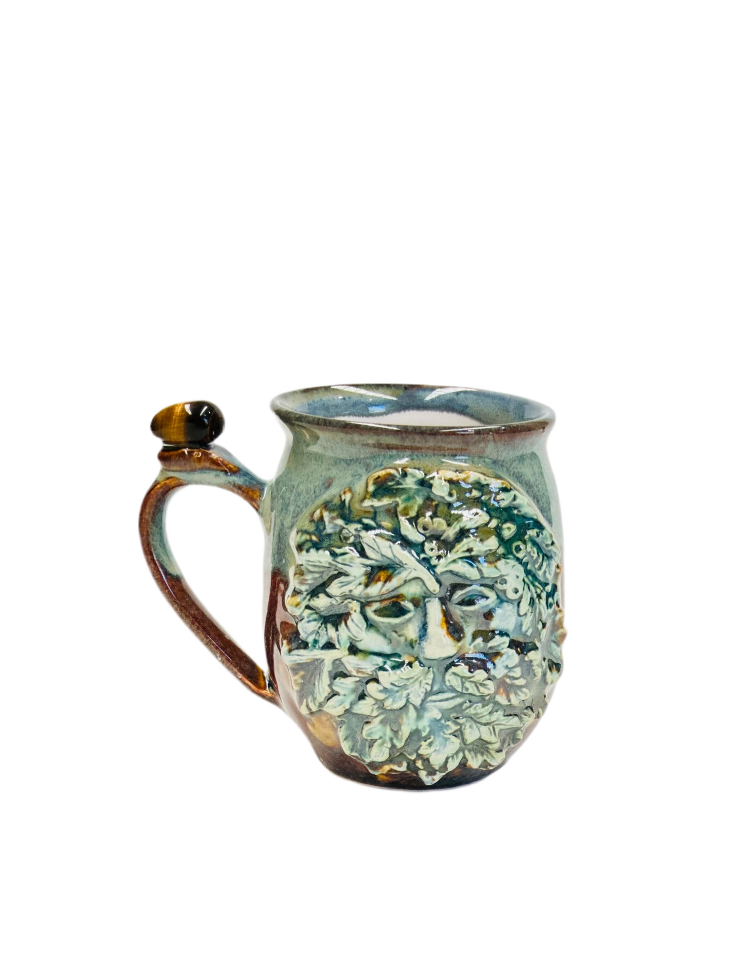 Green Man Tigers Eye Crystal Mug