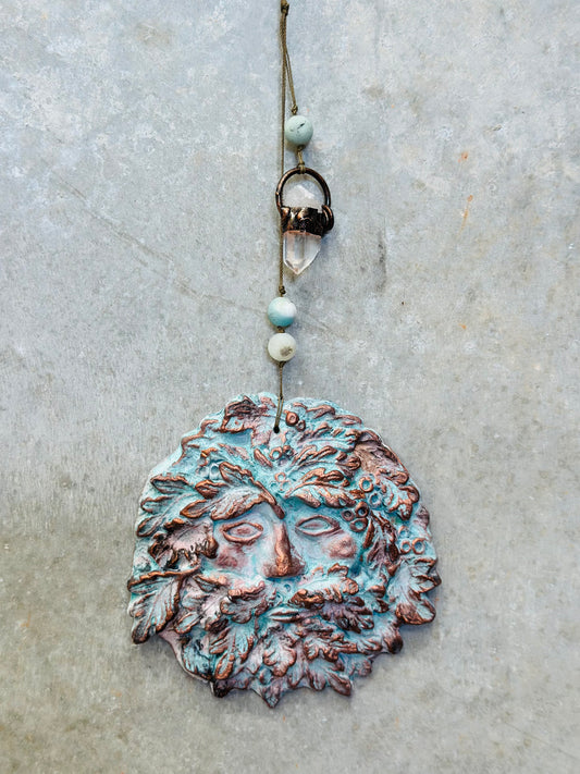 Folklore Wall Hanging - Greenman with Amazonite and Quartz Point