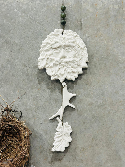 Folklore Wall Hanging - Green Man with Antler & Oak Leaf Porcelain Talisman Wall Hanging