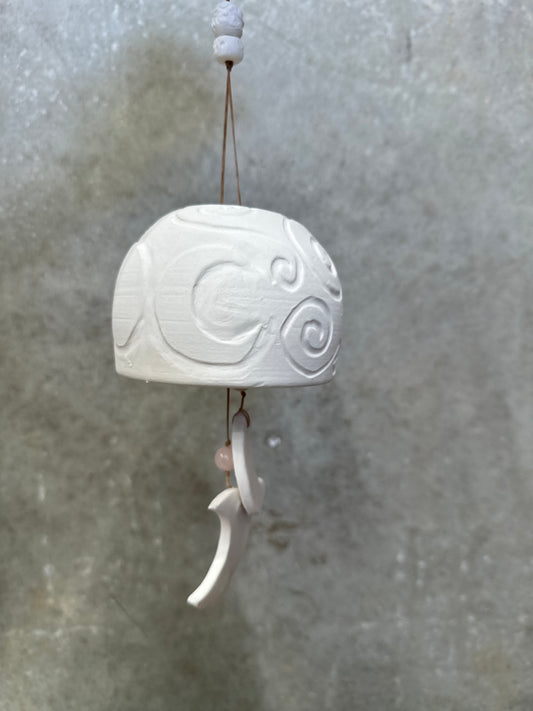 Triple Moon Porcelain Bell – rose quartz – handmade lunar chime