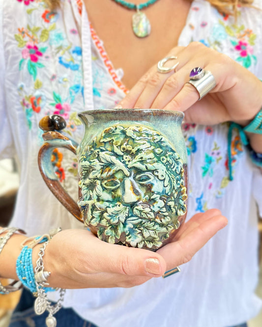 Green Man Tigers Eye Crystal Mug